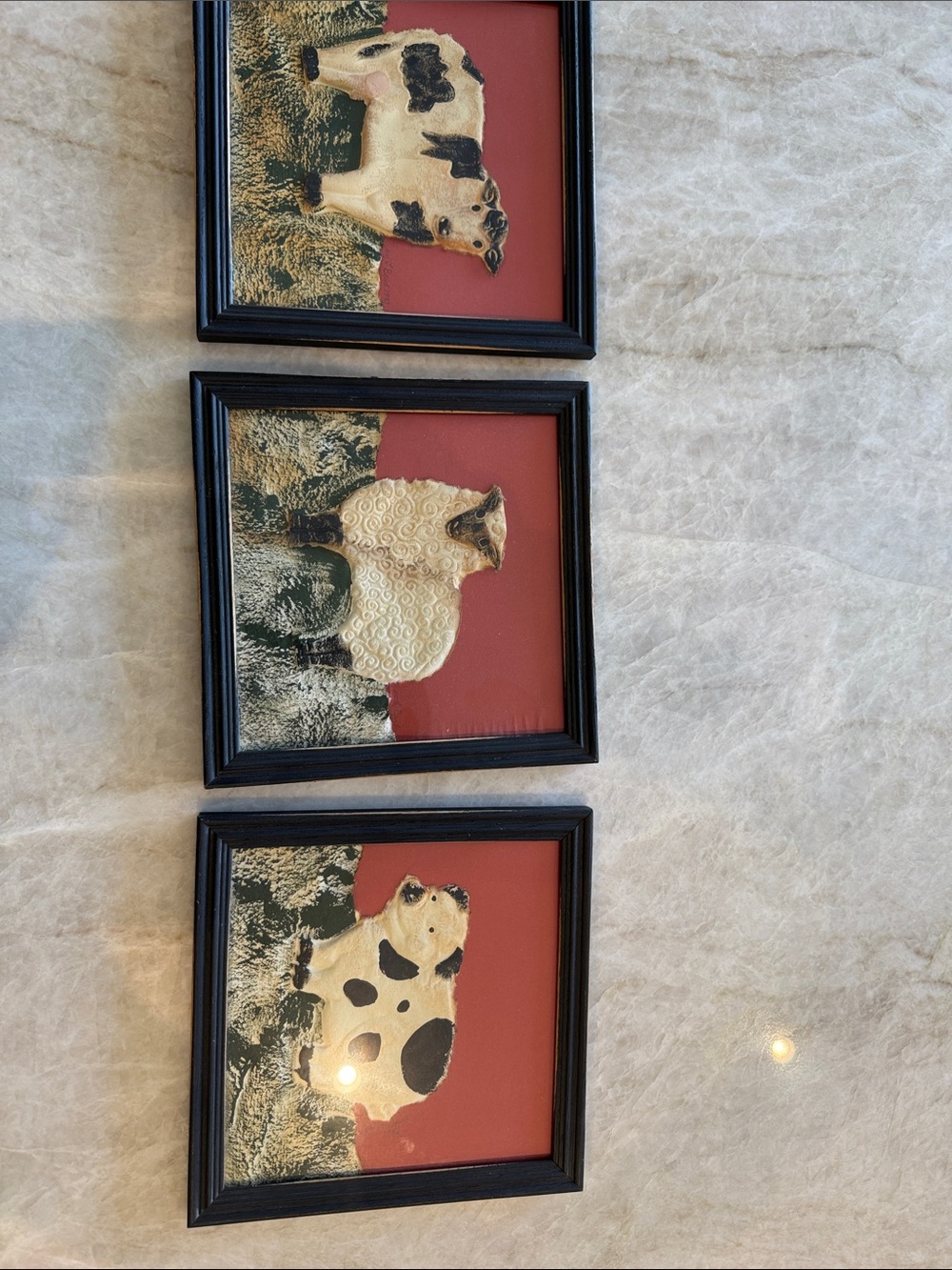 Framed Mixed Media Farm Animal Wall Art Trio - Red, Black & Cream